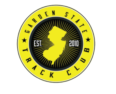 A circular yellow and black logo reading 'GARDEN STATE TRACK CLUB' with 'EST. 2010' and a yellow silhouette of New Jersey in the center.