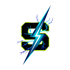 A stylized black letter S with a bright blue lightning bolt running through it, outlined in neon yellow-green, on a plain white background.