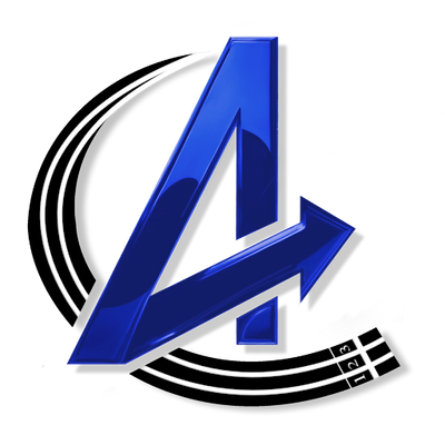 A glossy blue stylized letter A with a forward arrow integrated into the design, layered over black and white curved stripe graphics on a white background.